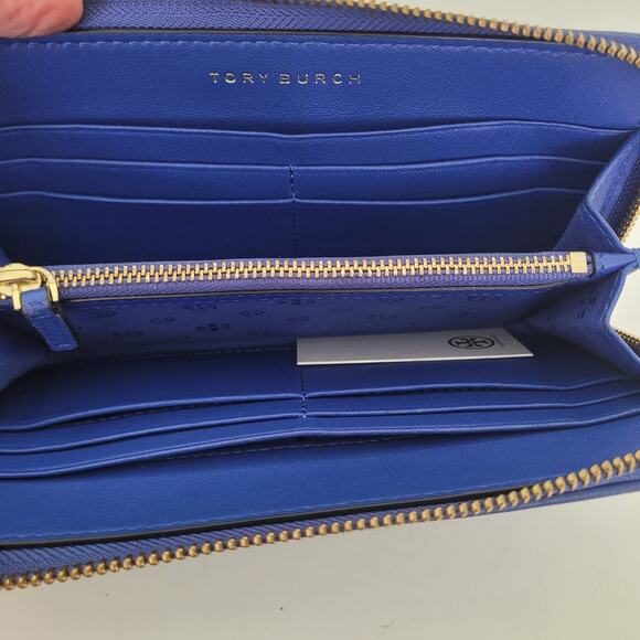 Tory Burch Solid Blue Quilted Leather Zip Around Large Wallet Long Clutch Logo - Picture 4 of 9